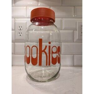 Vintage 70's clear glass cookie jar w/ lid red orange text (3 Liter) USA